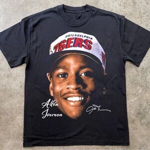 Black Allen Iverson Graphic Tee with Red & White 76ers Hat Detail New